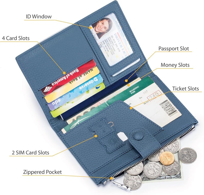 EutDett RFID passport holder for travel, Leather Passport Wallet for Women with Zippered Coins Pocket and SIM Slots, Passport Cover Case for Travel - Image 2